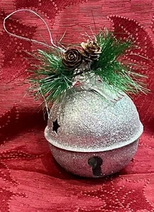 Set Of 3 Silver Bell Christmas Ornaments Glitter W/Pinecone Accent 6” Metal - Picture 1 of 3