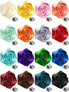16 Pcs Men Lapel Pins Handmade Satin Flower Boutonniere Pin Rose Flower Brooch - Picture 1 of 7