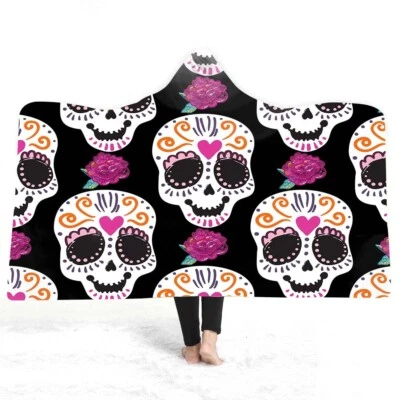 Gothic Sugar Skull Fleece Hooded Blanket Sofa Throw Holiday Xmas Birthday Gift - Image 1 of 4