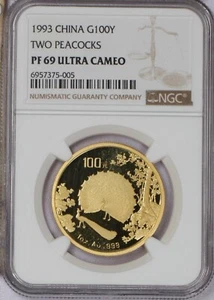 1993 Gold Two Peacocks 1 oz. 100 Yuan NGC PF69 Ultra Cameo. Rare. - Picture 1 of 2