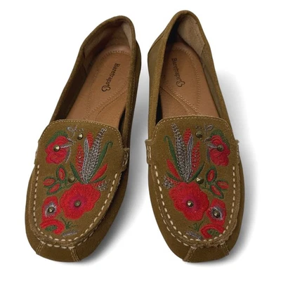Baretraps Otella Suede Embroidered Loafers 8.5M Brown Tan Floral Boho Comfort - Image 1 of 4