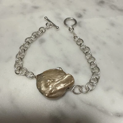 Sterling Silver Blister Pearl Toggle Bracelet 7" - Image 1 of 4