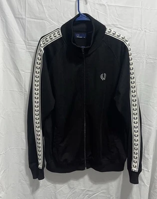 Jaqueta de tênis Fred Perry masculina com zíper completo tamanho GG listra preta e branca vintage - Imagem 1 de 3