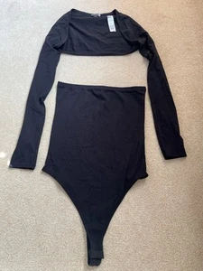 Boohoo Black Thong Strapless Bodysuit With Long sleeved Cropped Top Size 10 - Picture 1 of 7