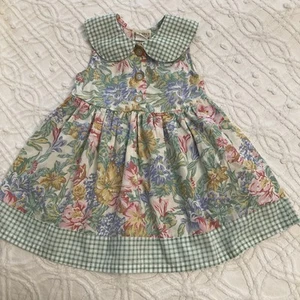VTG Rachel’s Kids Dress Size 4T Floral Green Gingham Check 90s Collar Gathered - Picture 1 of 10