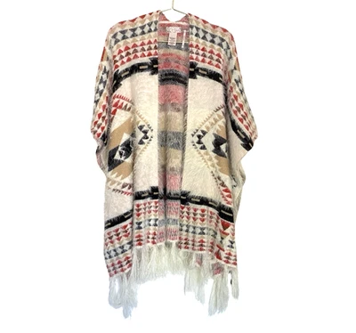 Free People Fuzzy Aztec Fringe Poncho Cardigan OS Boho Festival Southwestern - Image 1 of 4