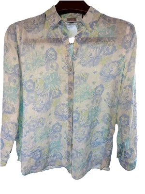 J. JILL M Love 100% 亚麻日常纽扣前衬衫蓝色白色花卉 — 第 1/4 张图片