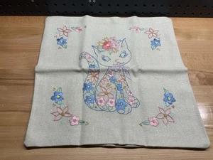 Funda Almohada Vintage Gato Colores Pastel Bordada 14 X 14 - Imagen 1 de 8