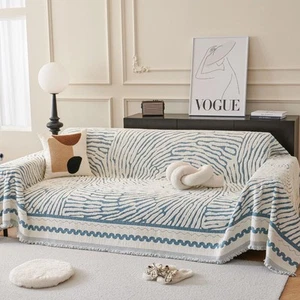 Thicked Striped Couch Cover with Tassel Blue Chenille Sofa Cover Blanket for ... - Picture 1 of 7
