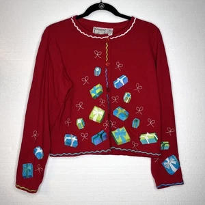 Michael Simon Lite Red Embroidered Christmas Present Cardigan Sweater size small - Picture 1 of 5