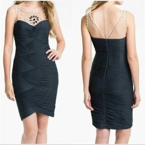 ADRIANNA PAPELL Dress 10 Illusion Bodice Ruched Jeweled Navy Blue Bodycon D7 - Picture 1 of 12