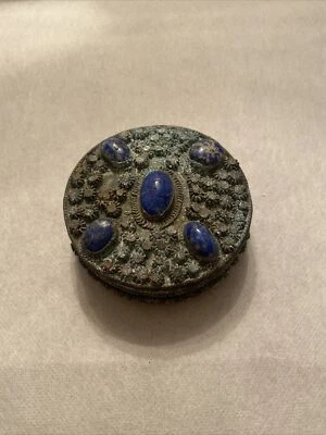 "Antigua caja redonda de filagree tibetano de 3"" lapislázuli" Foto 1 de 4