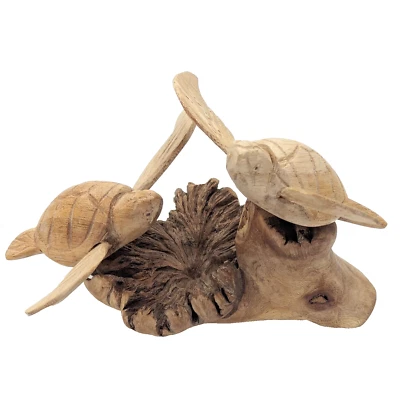 2 crías de tortugas marinas talladas a mano en flor de madera a la deriva escultura de colección Foto 1 de 4