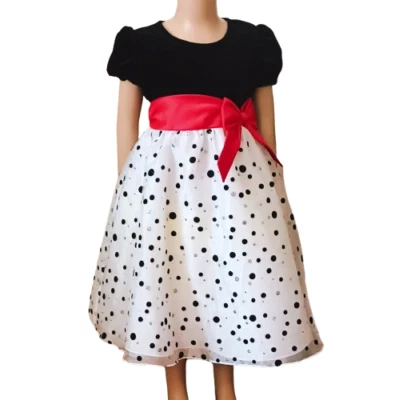 Rare Editions Polka Dot Dress 6 Girl Sheer Velvet Short Puff Sleeves Big Red Bow - Image 1 of 4