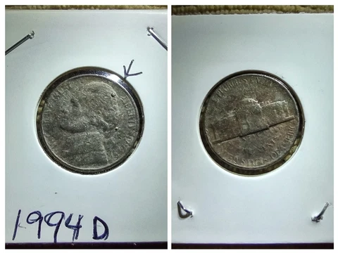 1994 D Nickel Retained Strike Through Error Metal In His Head Cover