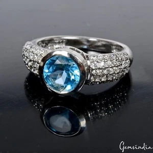 Anillo de plata redondo topacio azul VVS natural de 5,00 gramos diseñador de joyas ~ 7 talla EE. UU. - Imagen 1 de 7