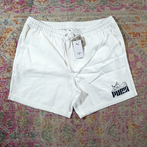 Pantaloncini NOAH NYC X PUMA anni 80 in tela con logo gatto bianchi XL PREZZO AL PUBBLICO £ 85 pantera tennis