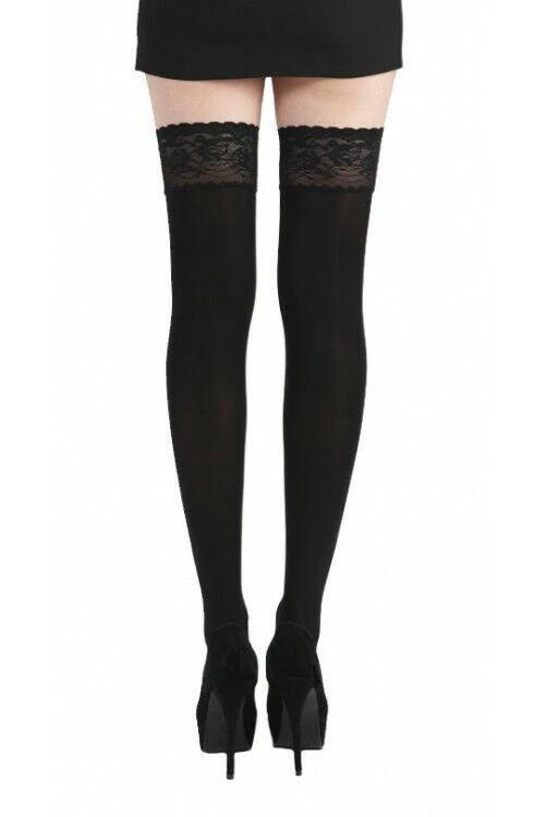 SILVER LEGS 50 DENIER LACE TOP HOLD UPS (BLACK) ONE SIZE & XL (MADE IN ITALY)