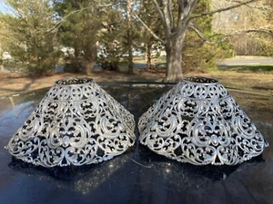 Matched Pair ANTIQUE Repousee FILIGREE SILVERPLATE CANDLE LAMP SHADES - Picture 1 of 2