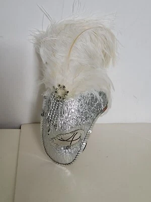 Mardi Gras Mask 1/2 Face Silver/White Lame" Fabric Feathers Sequin & Bead Trim - Image 1 of 4