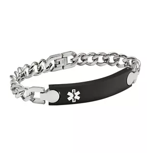 CUSTOM ENGRAVE Unisex Stainless Steel Black Plate Link Medical Alert Id Bracelet - Picture 1 of 4