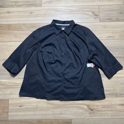Basic Editions Womens 3/4 Sleeve Button Up Collard Shirt Size 3X Black - Image 1 of 4