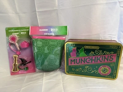 New Dunkin’ Wicked Cup Straw Buddy Topper Set Green Cup Sleeve Elphaba Glinda - Image 1 of 3