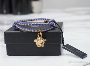 Versace Braided Brown Blue Smooth Leather Adjustable Small Medusa Charm Bracelet