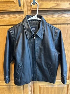 GAP Kids S Black Genuine Leather Jacket Zip Front Lined Coat VTG 2000 Y2K unisex - Picture 1 of 11