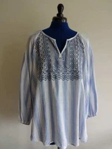 VINCE CAMUTO BLUE WHITE STRIPE Embroidered BOHO COTTON Gauze TUNIC TOP Womens 1X - Picture 1 of 5