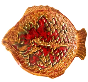 1970's Holland Mold Fish Plate Trinket Dish Catch-All Red Brown Green 7"L x 6"W - Picture 1 of 8