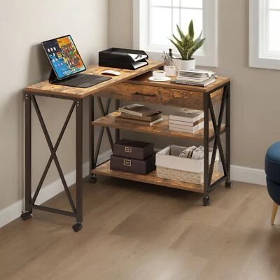 Mobile End Table Sofa Side Table Rotatable L Shaped with 2 Tier Storage Shelves - Image 1 of 4