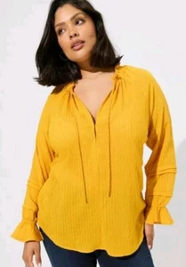 Torrid Women's Yellow Plus Boho Gauze Lace Up Peasant Tunic Top Size 0/12 $55 - Picture 1 of 14