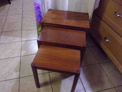 Vintage teak nest of 3 tables, made and stamped in Denmark in 1986,great cond. - Image 1 of 4