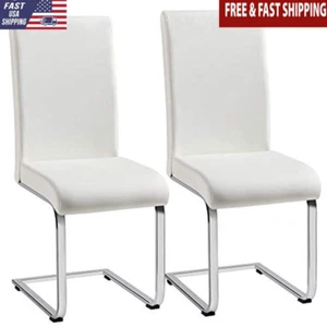 Set 2 Modern Dining Chairs Upholstered High Back Faux Leather Kitchen Seat White - Picture 1 of 6