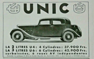 PUBLICITÉ DE PRESSE 1934 AUTOMOBILES UNIC 4U 2 LITRES 4 CYLINDRES et 6U 3 LITRES - Imagen 1 de 1