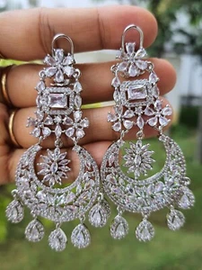 Indian Bollywood Style Silver Plated CZ Long Earrings Bridal Jewelry Set - Picture 1 of 8