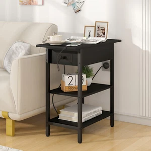 Side Table Flip Top End Table w/ Charging Station Narrow Bedside Table Black - Picture 1 of 7