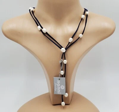 Nanni White Freshwater Pearl Lariat Necklace 48in Navy Blue Leather 9.5mm - Image 1 of 4