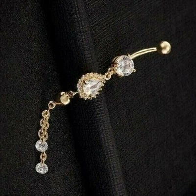 Ombligo diamante simulado corte pera de 2 quilates chapado en oro amarillo de 14 k. Foto 1 de 4