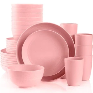 Gudvilla Set di Stoviglie Rosa per 8,Set di Piatti e Ciotole Rosa Plastica,Frumento... - Foto 1 di 7