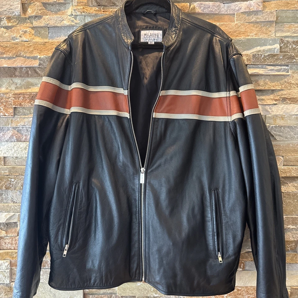 Wilsons M. Julian Black Leather Racer Moto Biker Striped Jacket Men’s Xxl VTG - Image 1 of 4