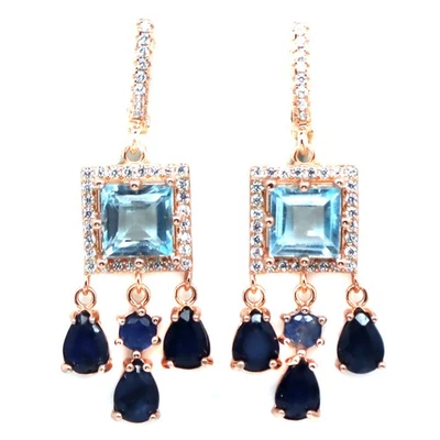 925 Silver 6 x 6 MM. Sky Blue Topaz, Blue Sapphire & White Zircon Earrings - Image 1 of 4