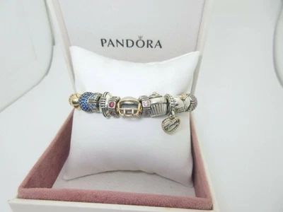 Authentic Pandora Gold Bracelet 14K Snap 11 Charm 585 Sterling Silver 7.5" SB018 - Image 1 of 4