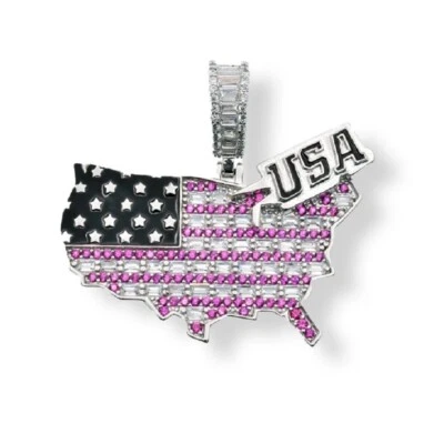 Argento Sterling USA Mappa Hip Hop Ciondolo Con Baguette E Taglio Rotondo Cz - Immagine 1 di 2