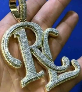 Men's Number Letter Name Custom Pendant 14k Yellow Gold Plated 925 Silver - Picture 1 of 8