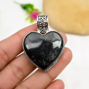 Natural Black Tourmaline Heart Pendant 925 Sterling Silver Handmade Jewelry Gift - Picture 1 of 6