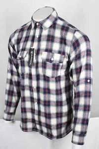 Burnside Men's Flannel Shirt M Button Long Sleeve White Red Navy Yarn Dyed - Picture 1 of 5