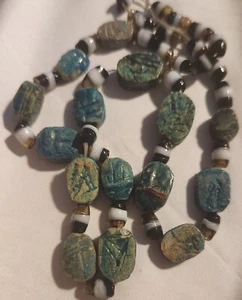 Vintage Egyptian Scarabs Pottery Clay Beetle Glass Bead Necklace Frayed String - Picture 1 of 14