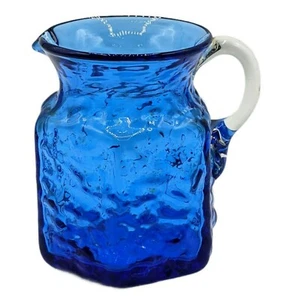 Vintage Cobalt Dark Blue Glass Crinkle Creamer Clear Applied Handle Hand Blown - Picture 1 of 8